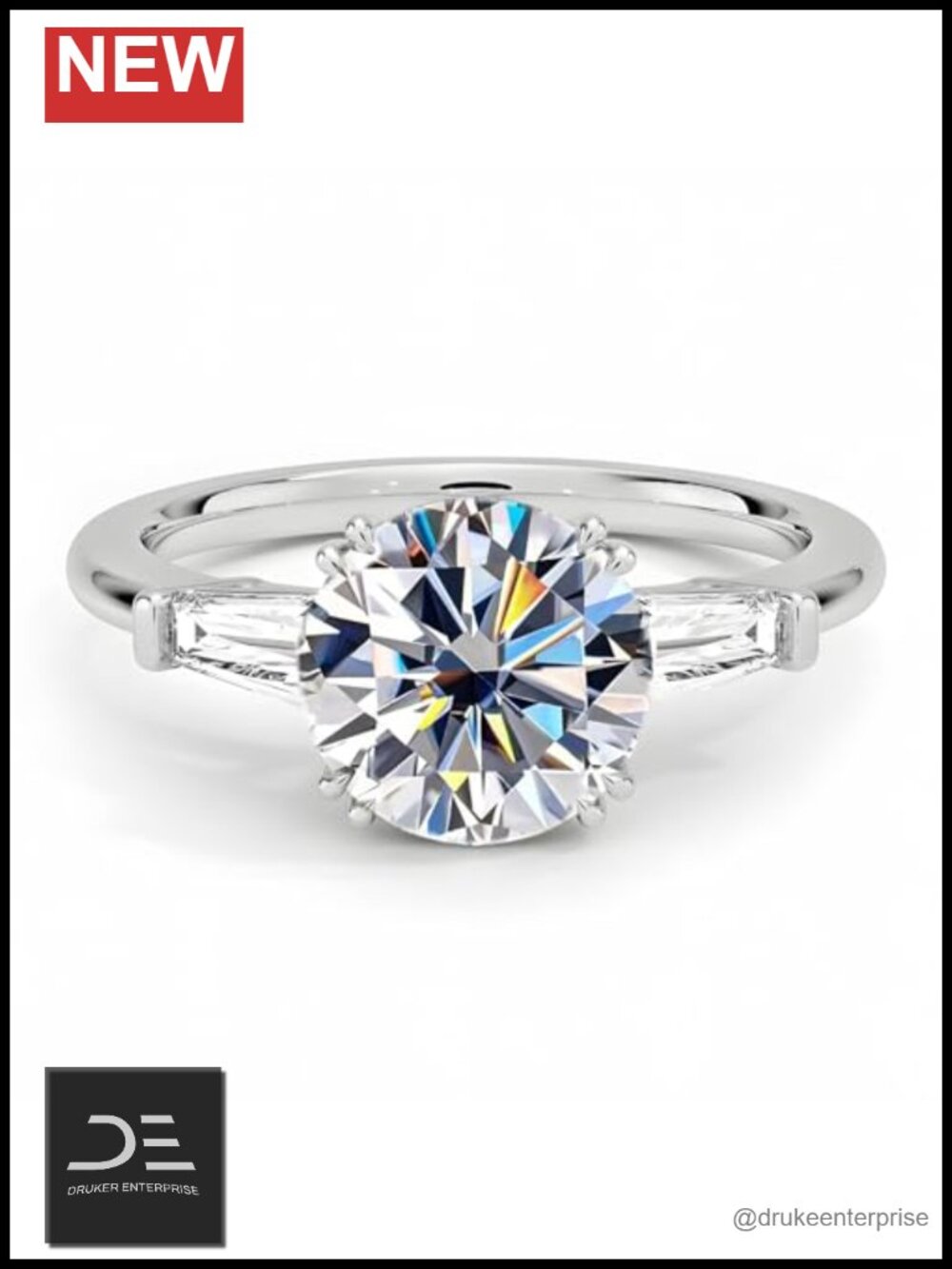 Moissanite Engagement Ring 3 Stone Round Cut 18K White Gold Plated S925 Wedding